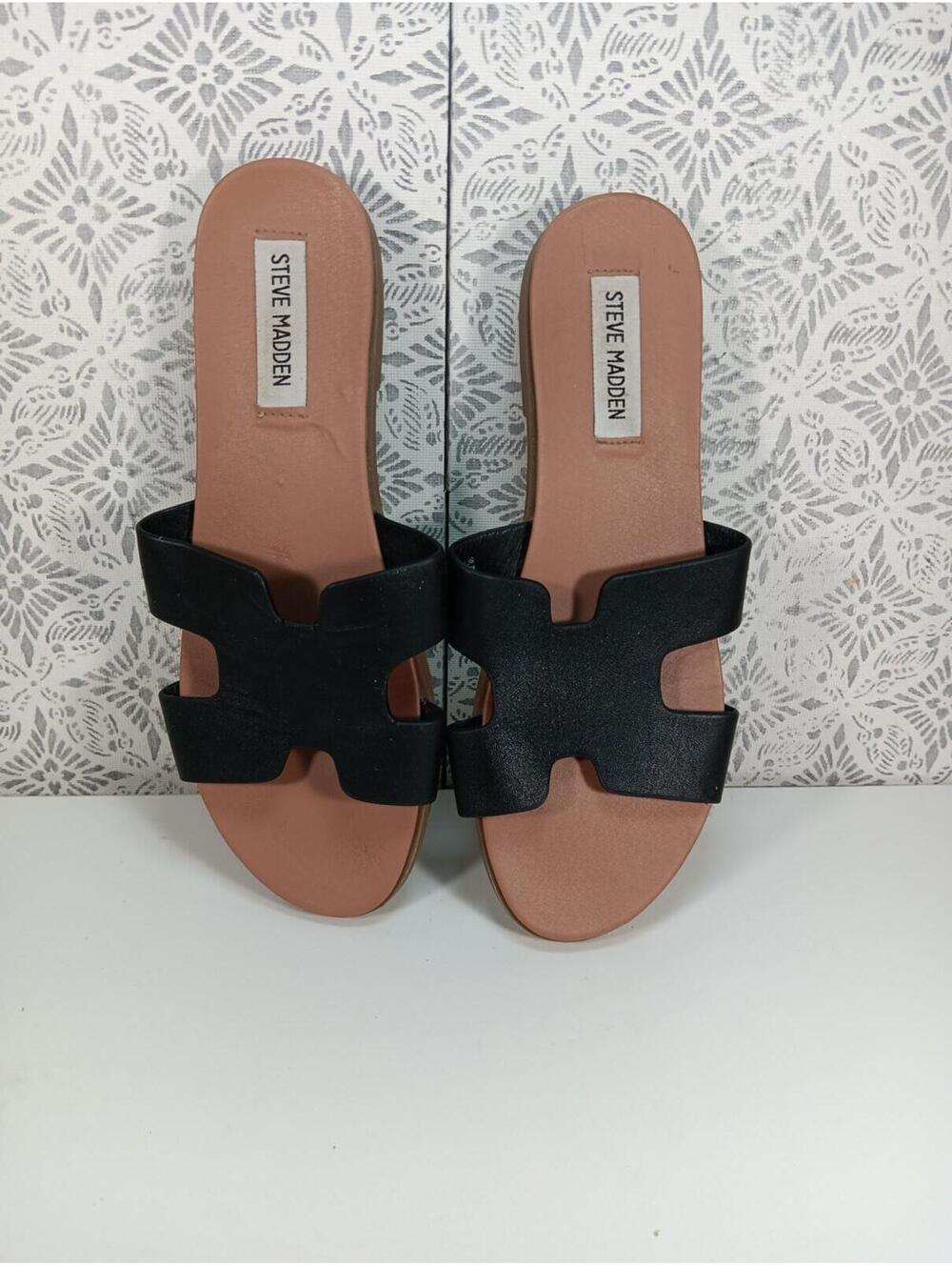 Steve Madden Black Brown Slip On Slide Sandals for Women Flat Solid 8m